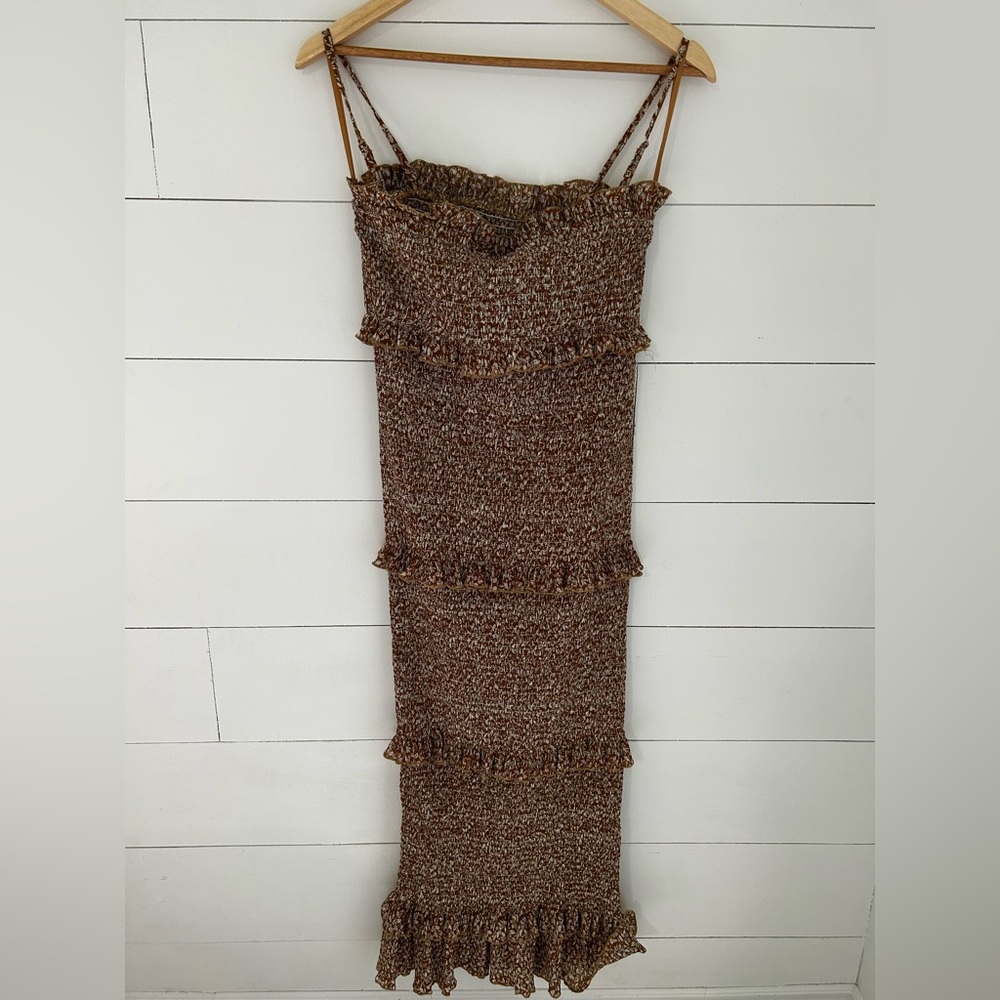 Smocked Ruffle Midi Dress in Brown Multi - Picture 2 of 6